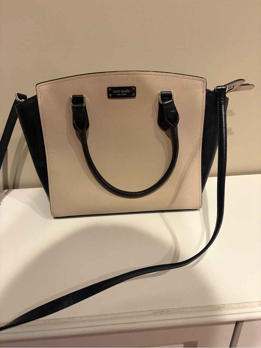 kate spade Beige and Black Structured Satchel with Crossbody Strap